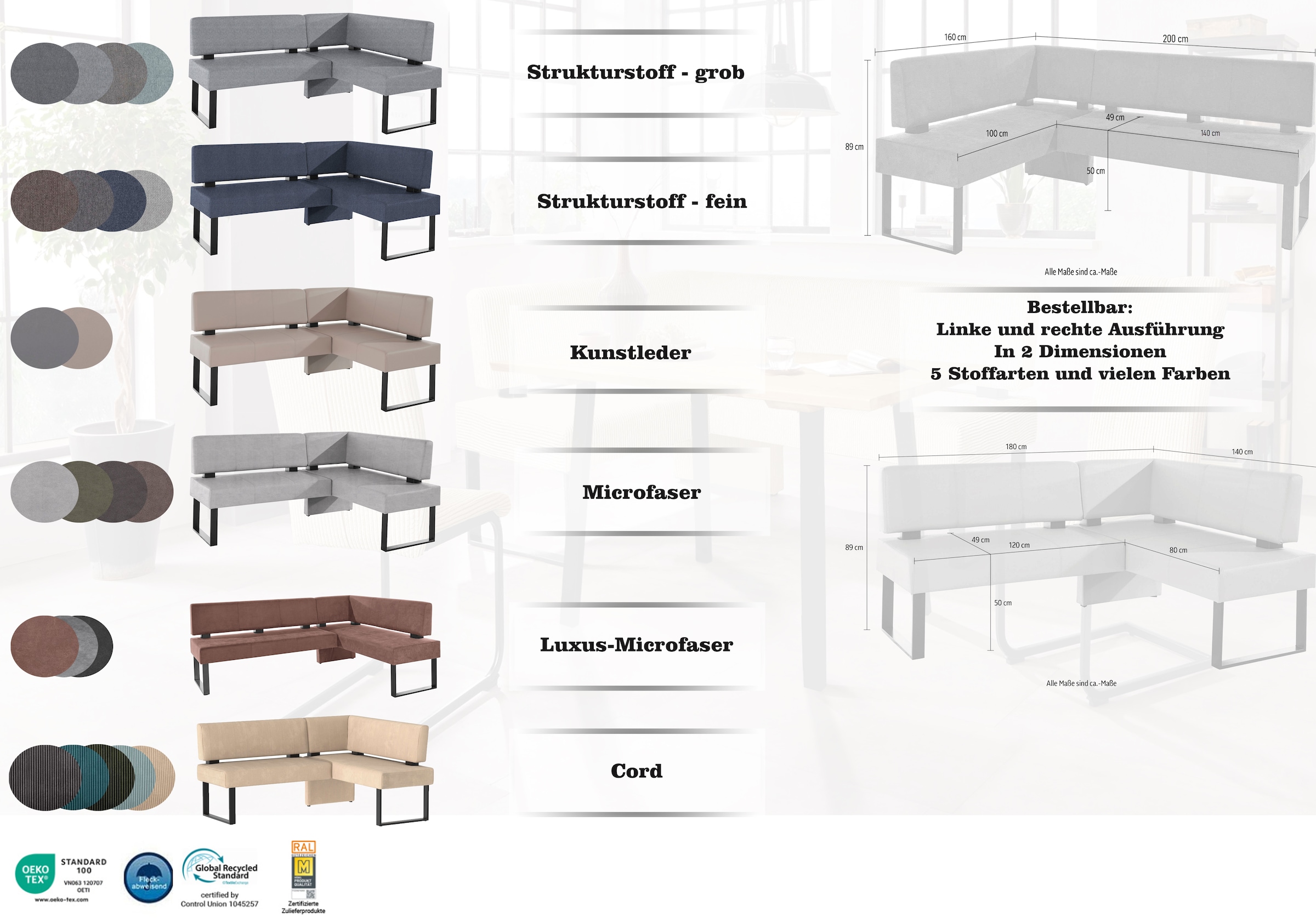 Home affaire Eckbankgruppe »Oliver« Set, 4-tlg, 4 Stk. tlg. Eckbank mit Wellenunterfederung im Sitz, Tisch Massiv Eiche