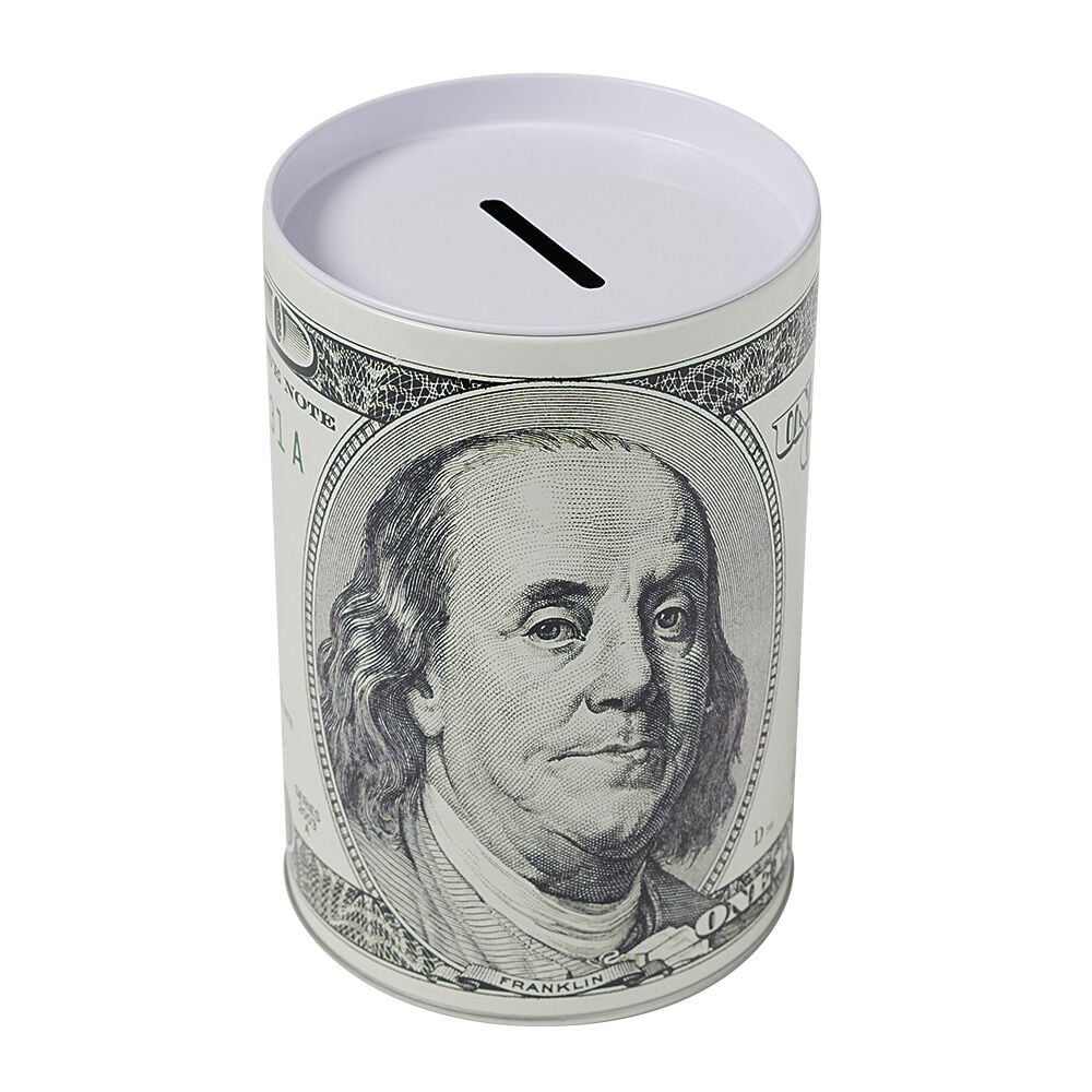 Tirelire cylindrique motif billet de banque
