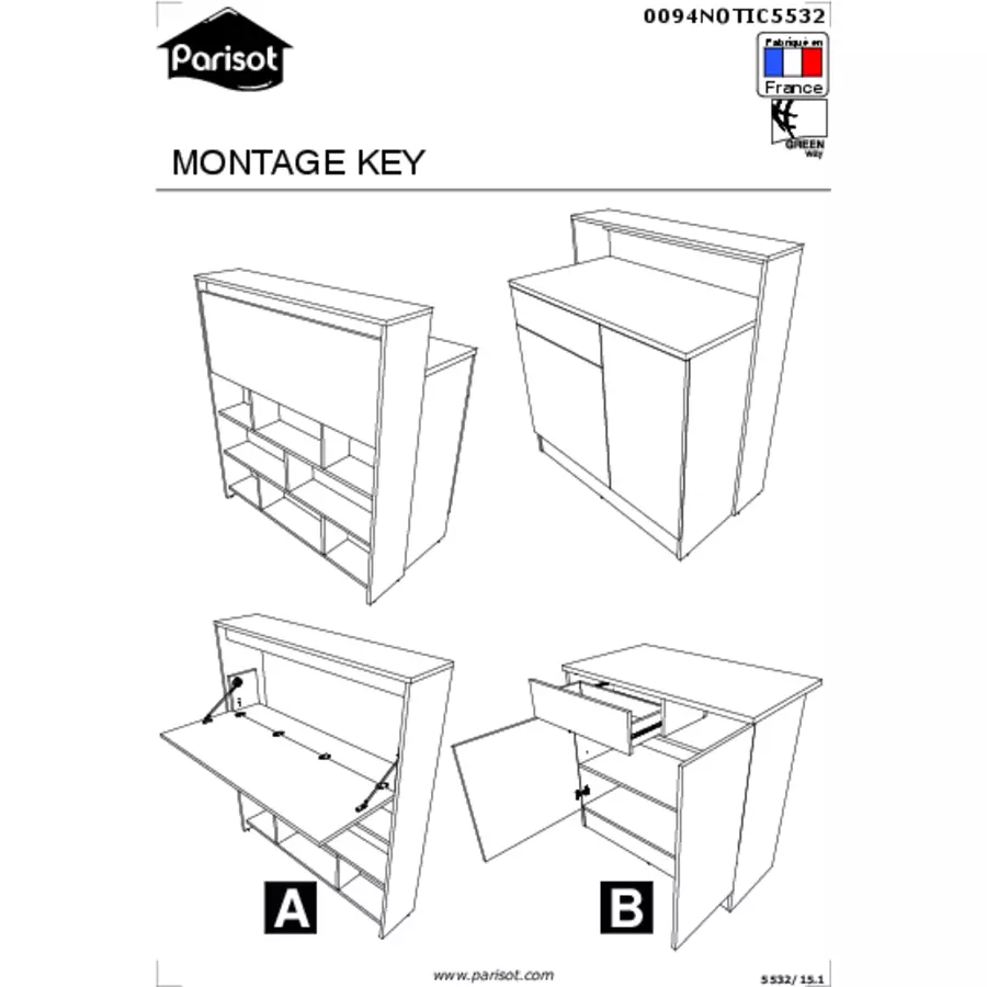 Parisot Multifunktionsregal Key 2 Weiß - Eiche hell Weiß - Eiche hell