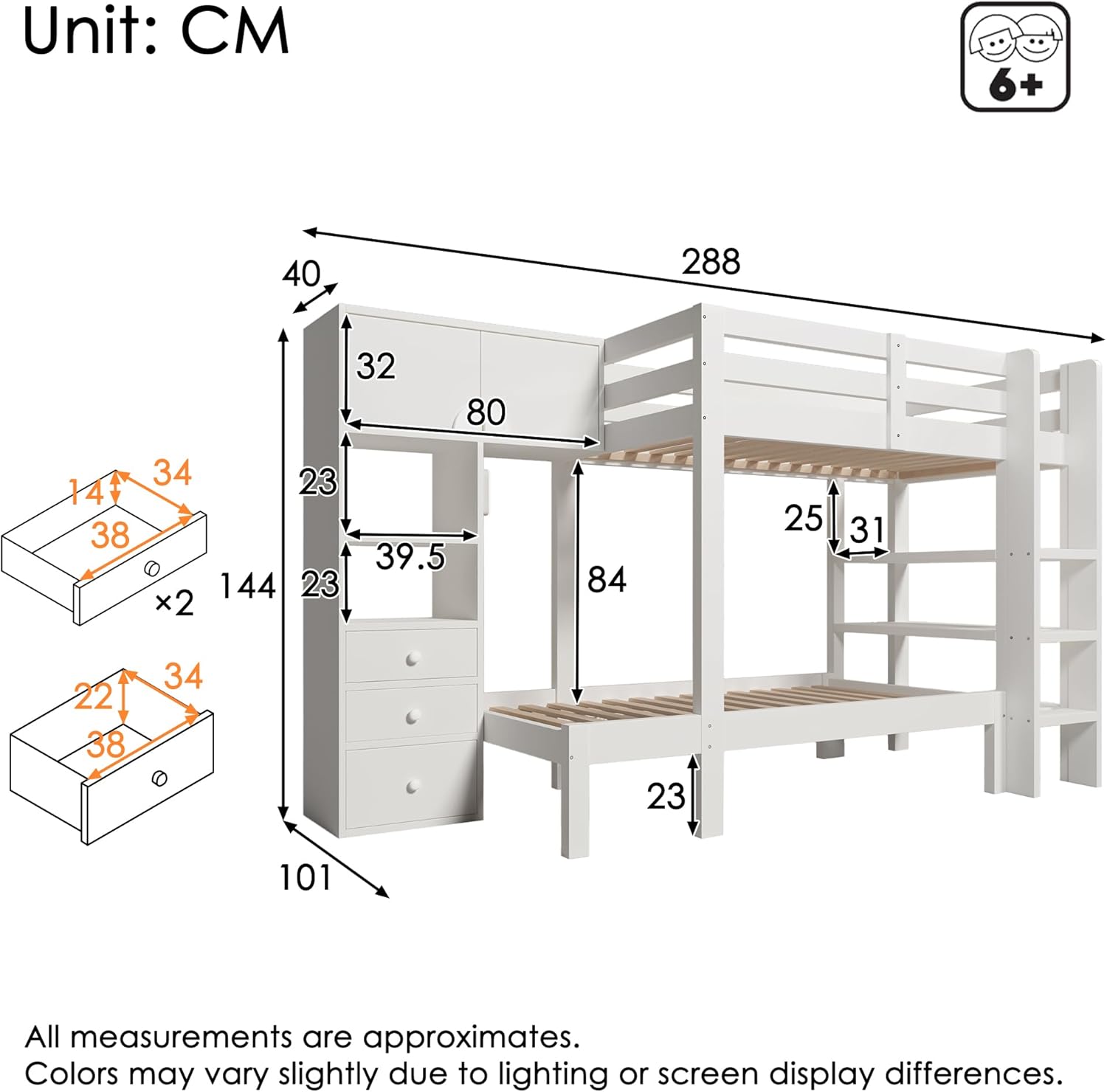 Kinderbett 90x200 mit Schrank, Etagenbett 2 Kinder mit Regal & Schubladen, Hochbett mit Intelligentem Nachtlicht, Hochbett Kinder, Hausbett, Versetztes Design, Weiß