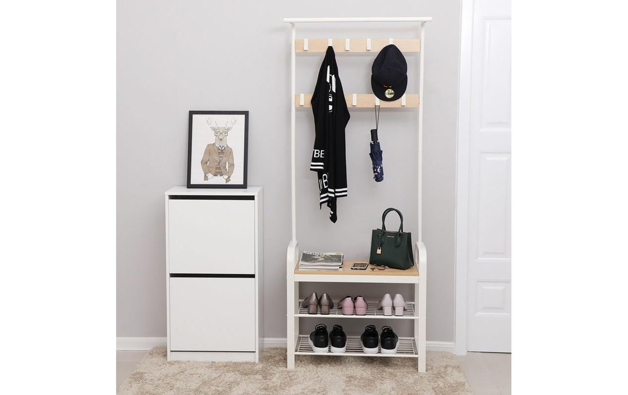 Garderobe mit Schuhablage 183 cm, Nature/WeissKleiderständer mit Sitzbank
