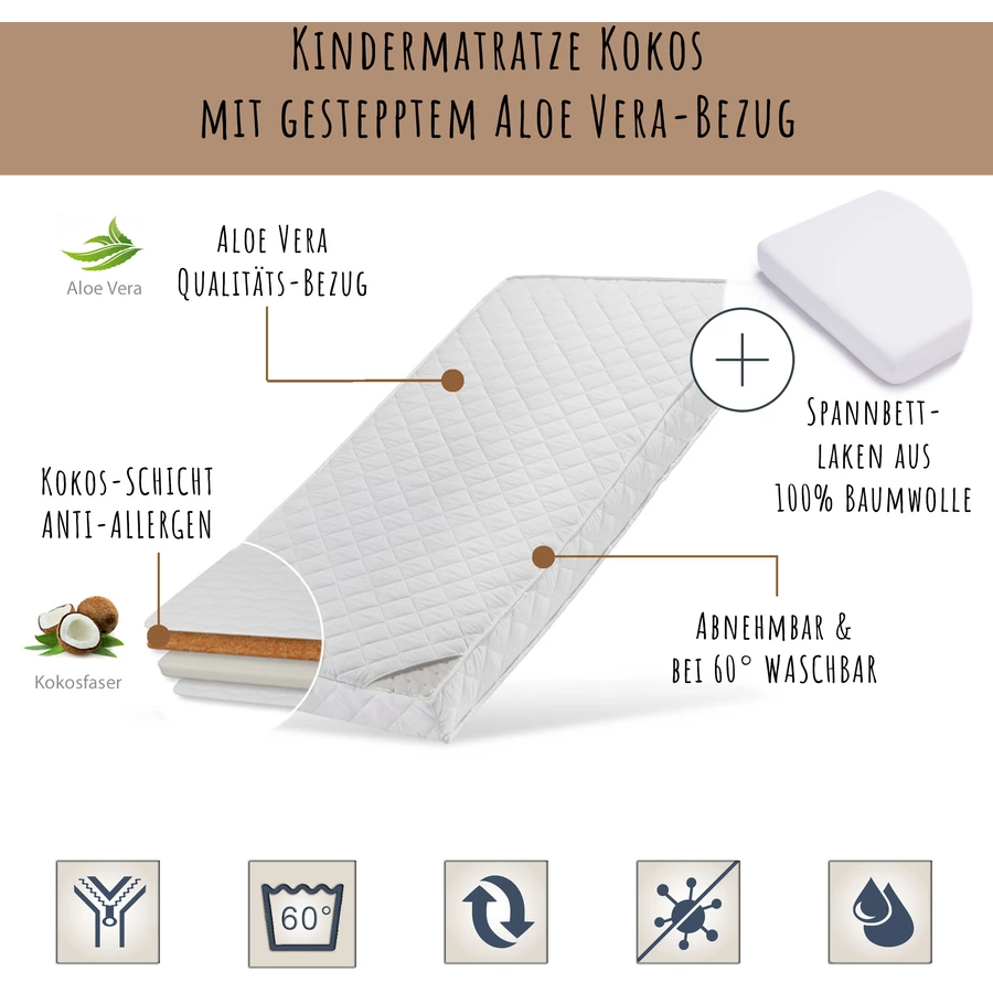 Kids Collective Kindermatratze 80x180 cm KOKOS mit gestepptem Aloe Vera-Bezug, 10 cm hoch weiß mit Spannbettlaken