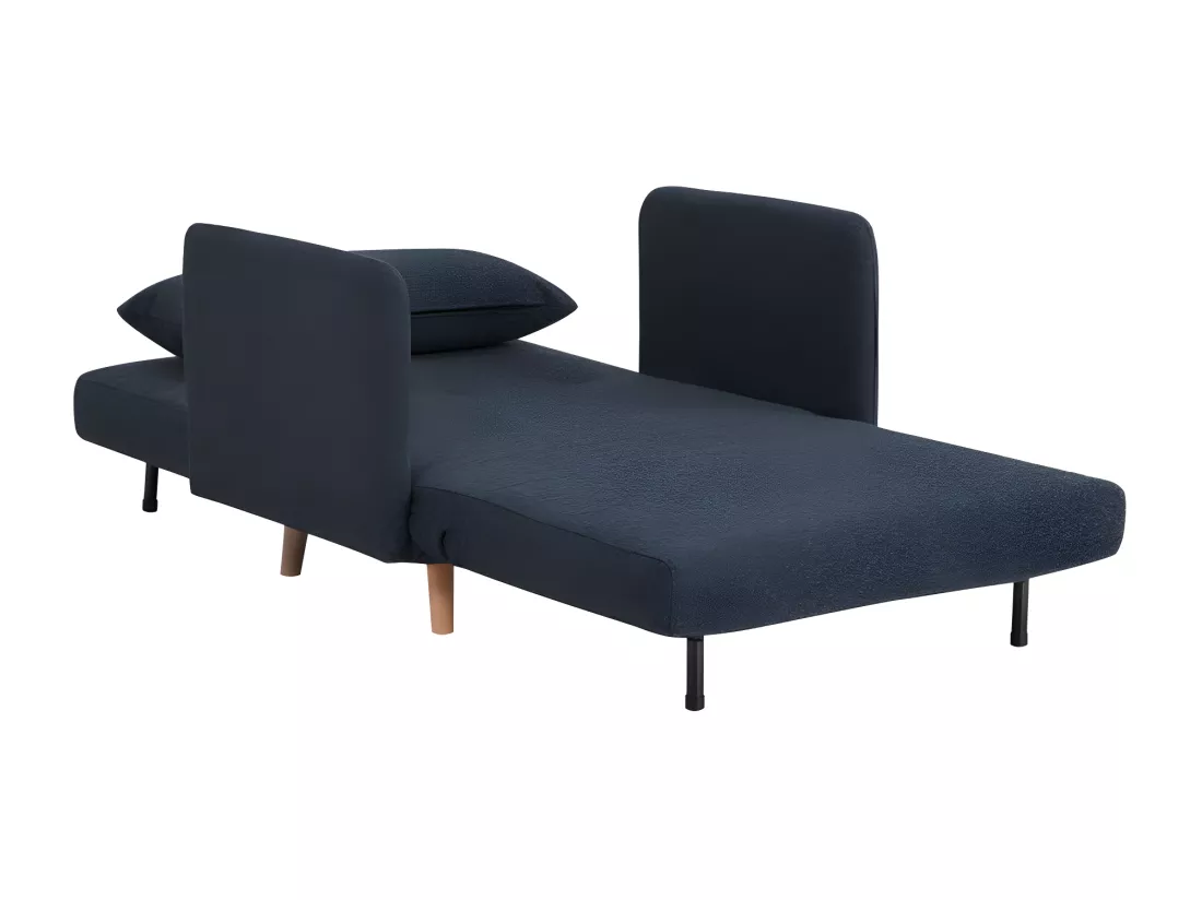 Belushi - Fauteuil convertible en tissu bouclette pieds bois clair - Bleu foncé