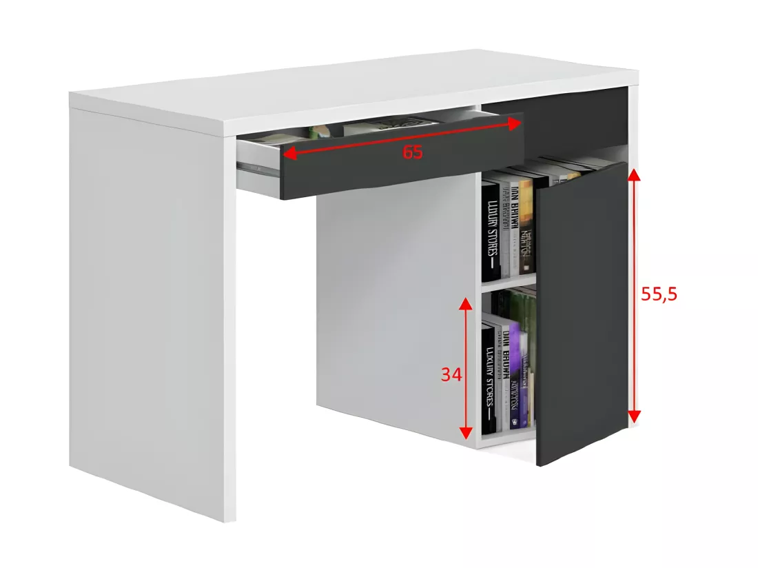 Bureau 1 porte 2 tiroirs Blanc/Gris - PAKAU - L 108 x l 50 x H 75 cm cm