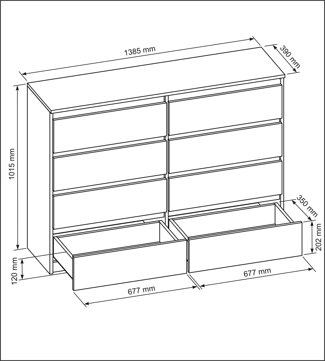 meble masztalerz Kommode Schwarz Matt mit 8 Schubladen - 138,5 x 101,5 x 39 cm - Sideboard Wohnzimmer, Schlafzimmer - Schubladenschrank - Komodenschrank