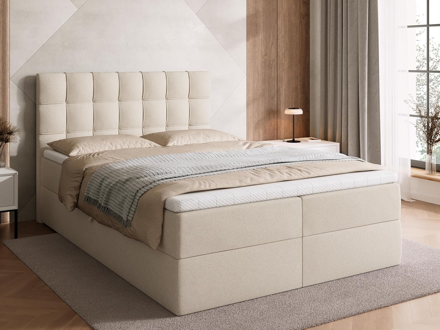 BROMARKT Boxspringbett mit Bonell Matratze und Bettkasten Doppelbett mit Topper 140x200cm Härtegrad H3 Bett für Schlafzimmer gepolsterte Kopfstütze Detroit Beige