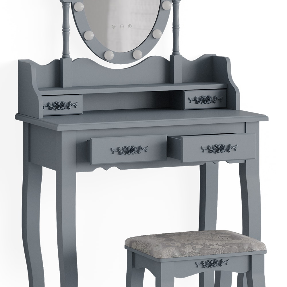 Vicco Schminktisch Frisiertisch Kosmetiktisch Maggie Grau Schminkspiegel Hocker 75x147 Barock LED Beleuchtung Schlafzimmerkommode Schminkkommode Schublade Aufbewahrung Frisierkommode Make-Up-Tisch