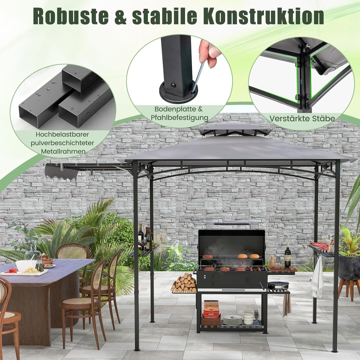 COSTWAY Grillpavillon mit Seitenmarkise, Doppeldach, 2 Seitenregalen & Haken, Gartenpavillon BBQ Pavillon, Grillüberdachungen wetterfest, Grillunterstand Garten Partys, 318x153x250 cm (Grau)