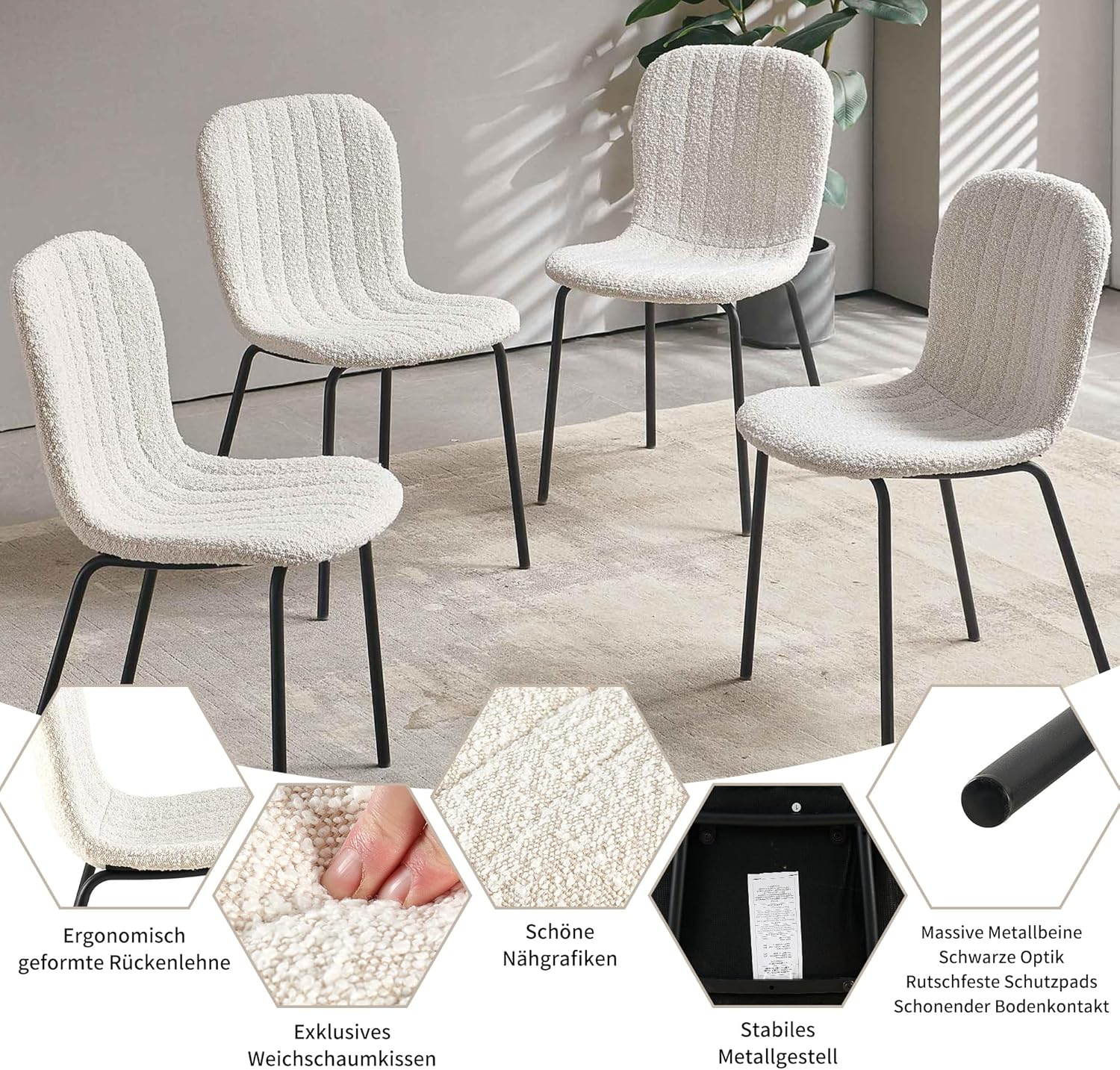 NORDICANA Esszimmerstühle 4er Set, Küchenstühle, Boucle Stuhl, Essstuhl, Retro Design, Metallbeine, für Esszimmer, Wohnzimmer, Küche, Schlafzimmer und Empfangsraum (Beige)