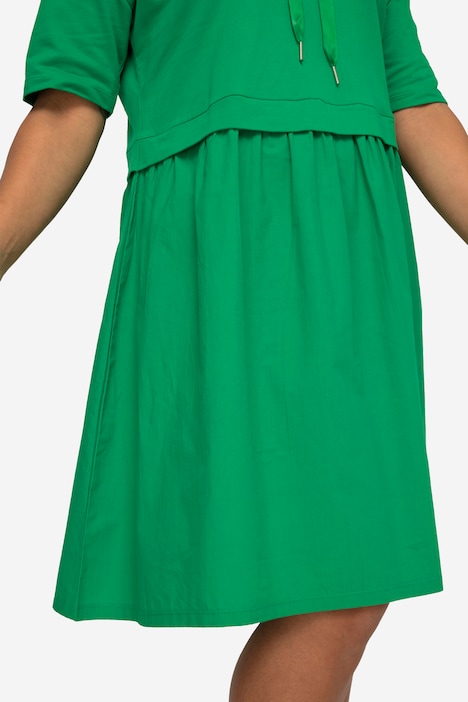 Kleid, oversized, Materialmix, Kapuze, Halbarm