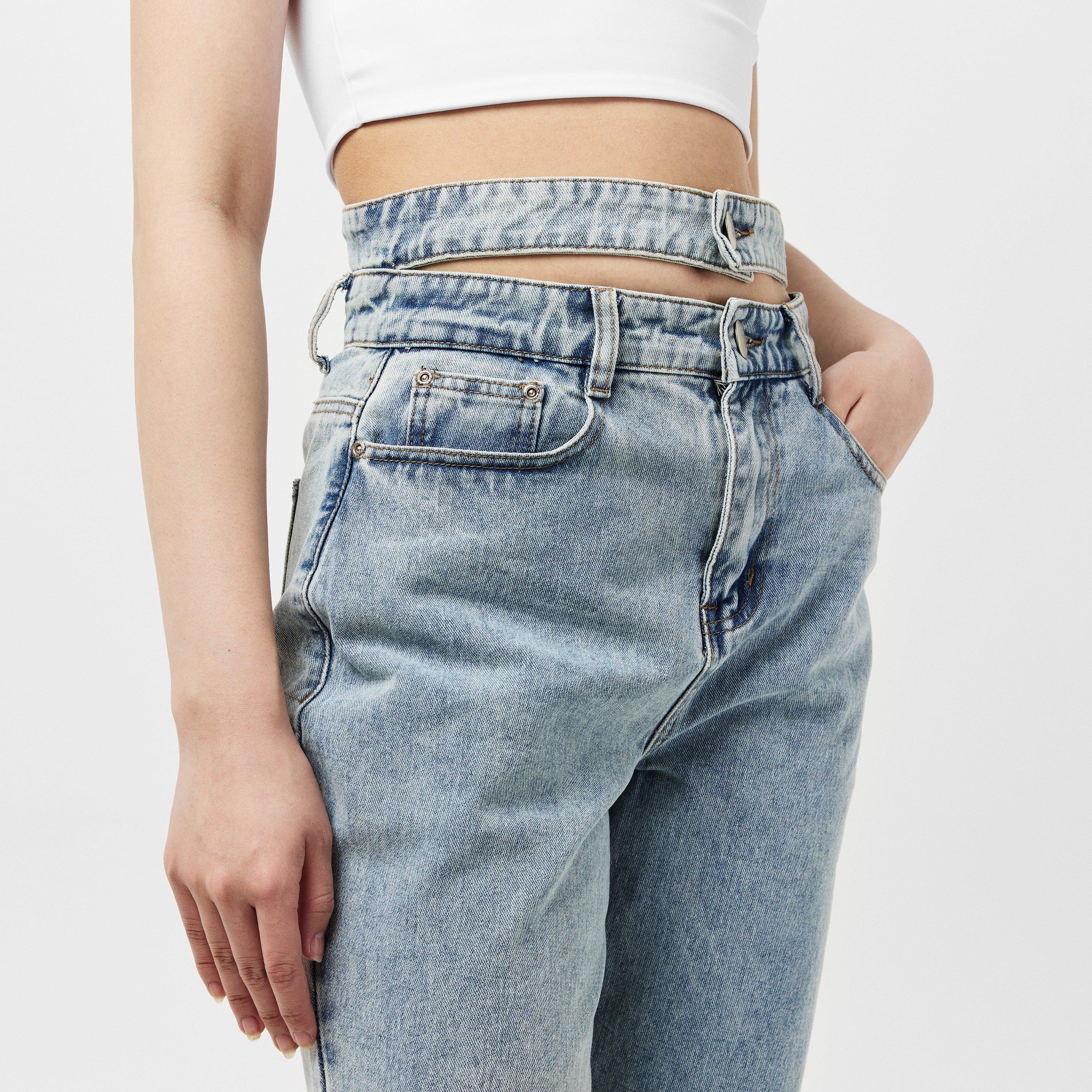 Missy Empire ME Denim Double Waistband Straight Leg Jeans Womens