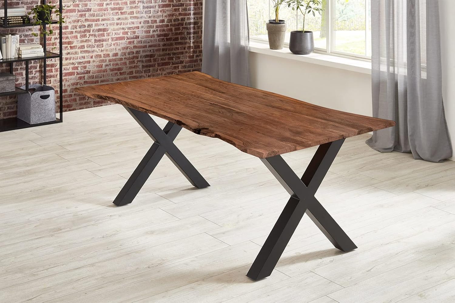 SAM Esstisch 120x80 cm Burgos, Akazienholz massiv + nussbaumfarben + lackiert, echte Baumkante, Baumkantentisch mit X-Gestell aus Metall schwarz, Tischplatte 26 mm