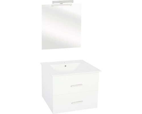 Badkamermeubelset Differnz Luka 60 x 170 x 48 cm, frontkleur wit hoogglans, wastafel wit en wastafelspiegel met LED-verlichting, badmeubel