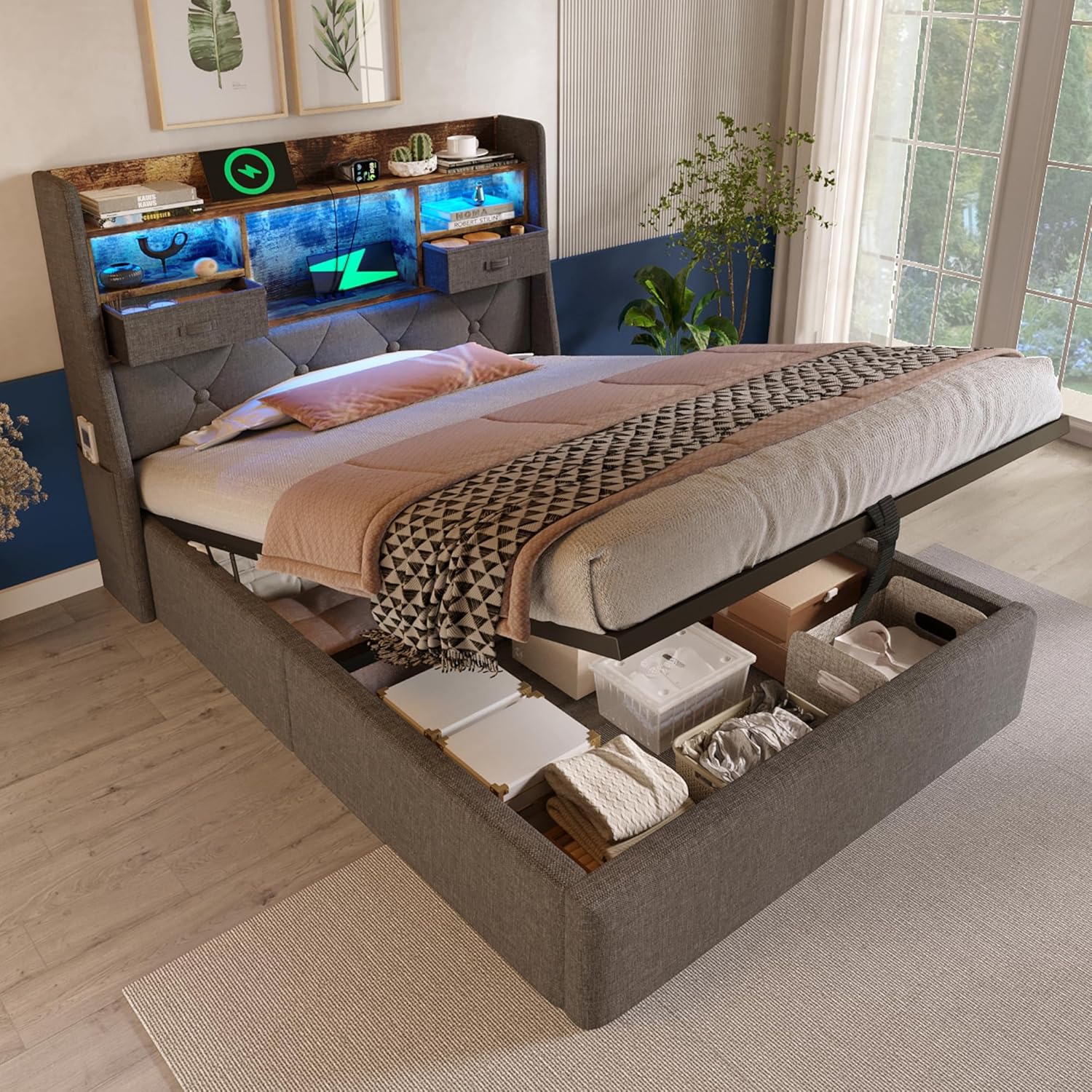 Boxspringbett 90x200 mit LED, Polsterbett Hydraulisch Einzelbett mit Stauraum und 3 USB und 1 Typ C-Port, Bettkopfteil mit Seitentaschen, Grau Leinen, ohne Matratze