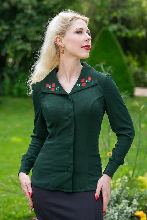 Hearts & Roses Jazzlyn geborduurde blouse in smaragdgroen