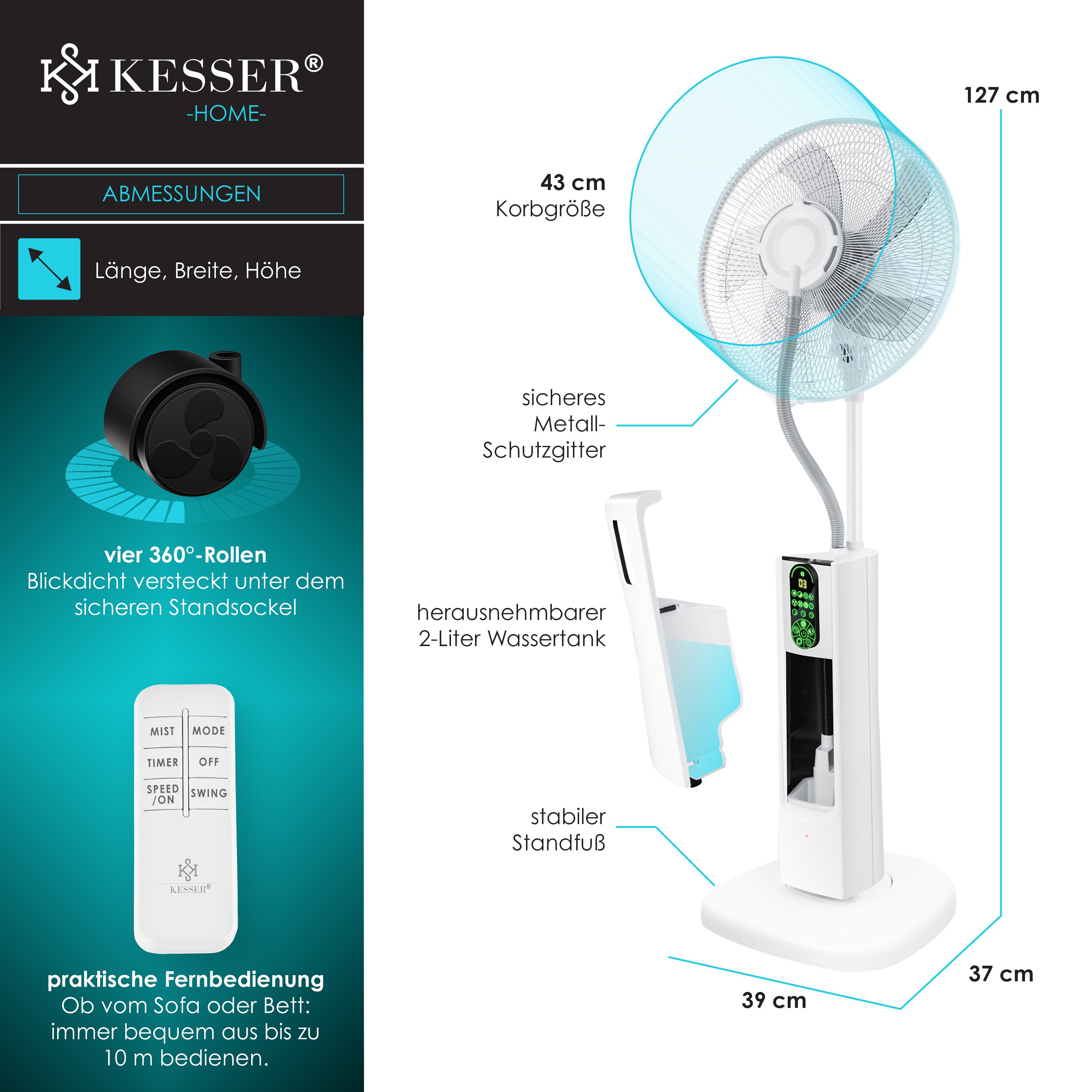 KESSER® Stand-Ventilator Frosty mit Wasser Ultraschall-Sprühnebel Wasserkühlung , inkl. Fernbedienung Timer-Funktion , Luftbefeuchter Leise ,Nebelfunktion , Raumbefeuchter , Standventilator