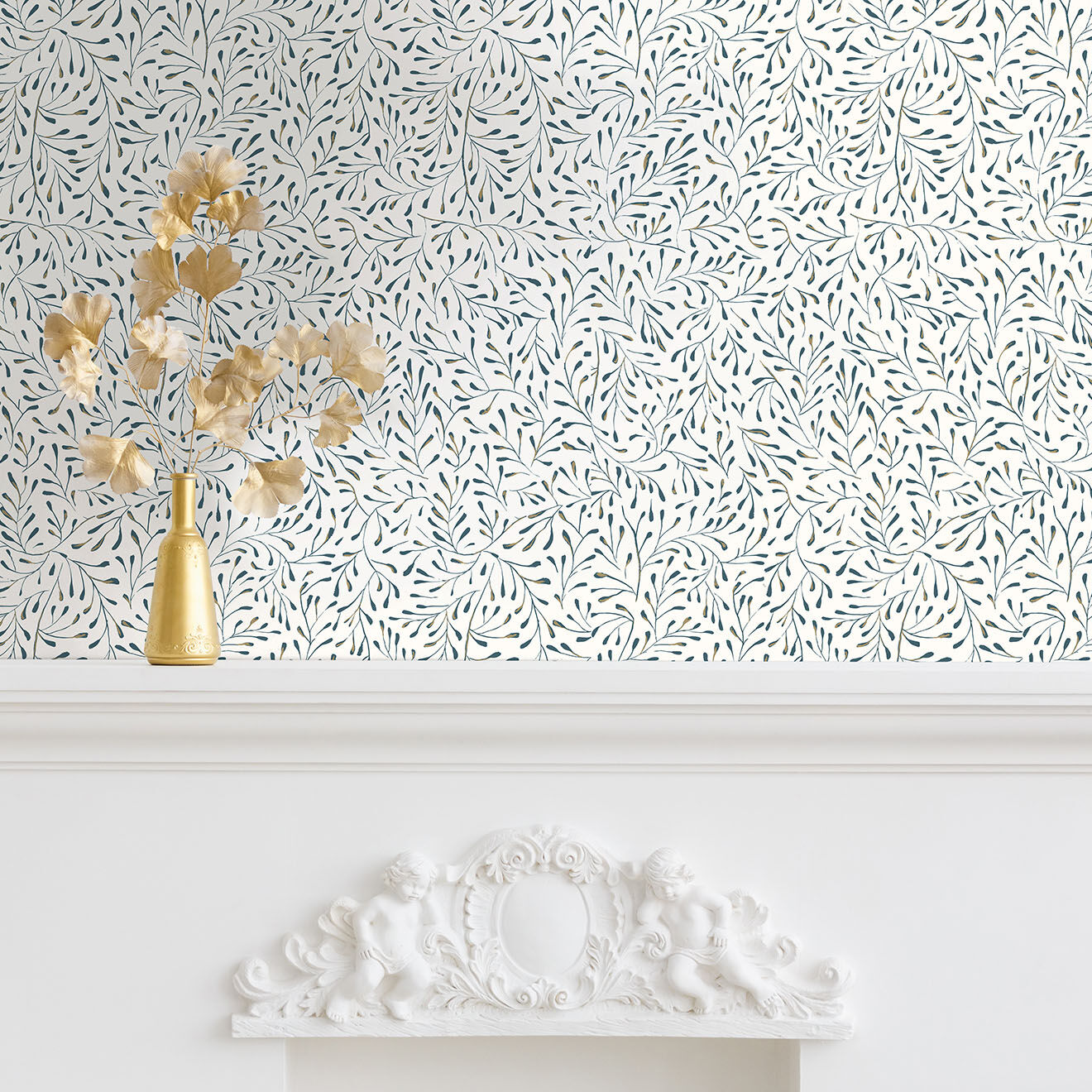 PaperMint Papier Peint Spring blanc doré/bleu - 53x1000 cm