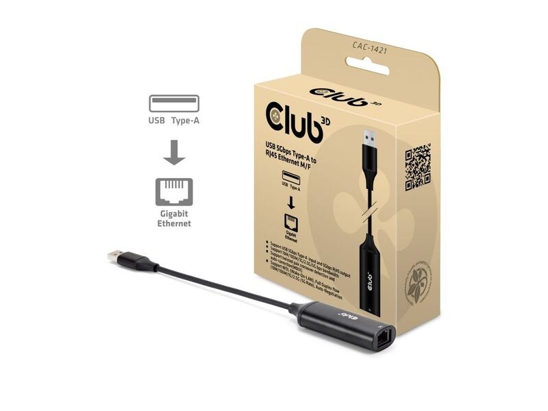 Club 3D Netzwerk-Adapter USB 5Gbps Typ-A auf RJ45 Ethernet USB 5Gbps Typ-A auf RJ45 Ethernet Adapter M/F