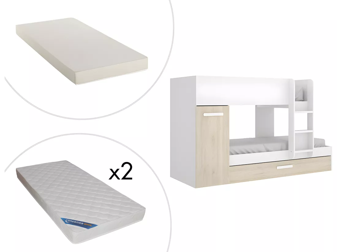 Lits superposés avec tiroir lit gigogne et rangements 3 x 90 x 190 cm - Blanc et Naturel + matelas - ANTHONY