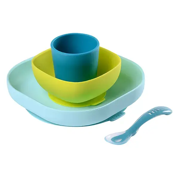 Conjunto de refeição de silicone Béaba com 4 peças, azul