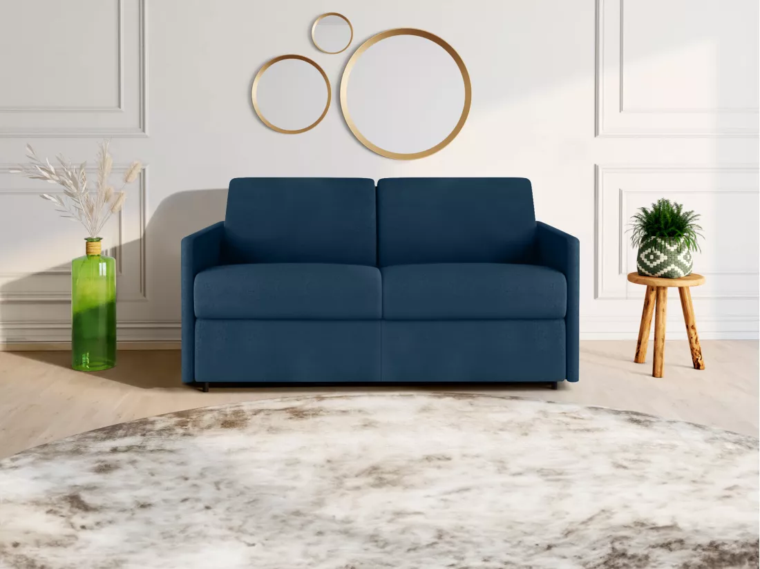 Canapé 2 places convertible express en tissu bleu foncé - Couchage 120 cm - Matelas 22 cm CALIFE