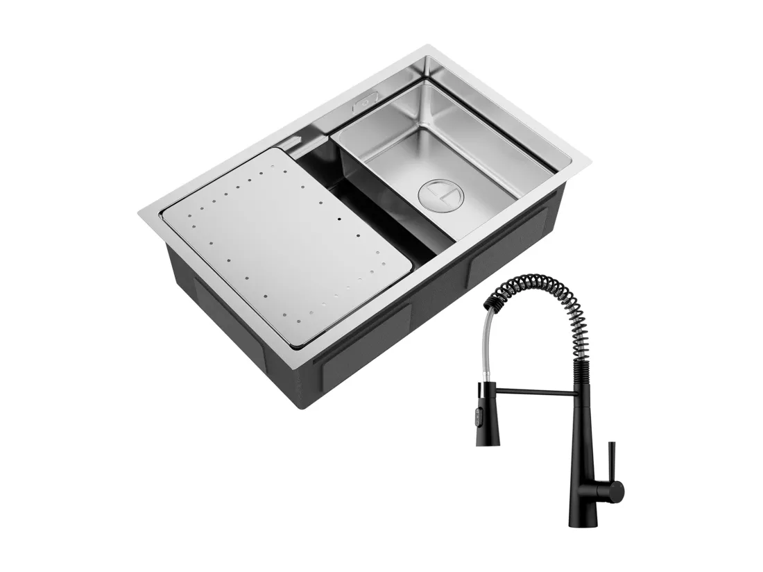 Cecipa max Évier 1 Bac 70×44cm Évier à Encastrer Inox Brossé avec Egouttoir et Vasque + Mitigeur de Cuisine à Ressort avec 3 Modes de Sortie D'eau
