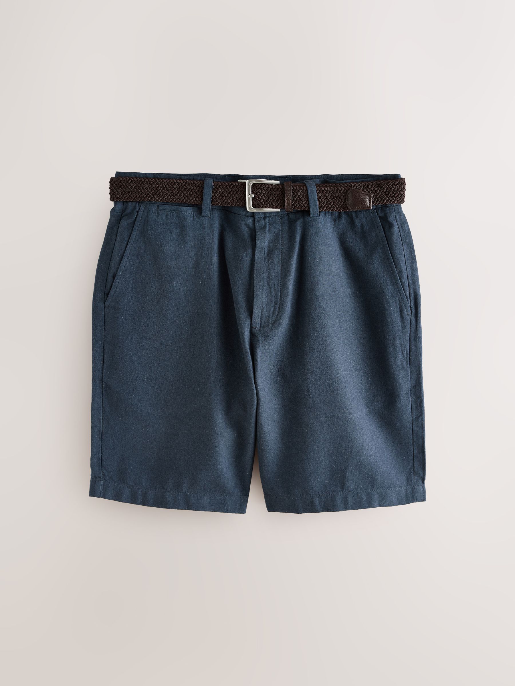 Marineblauw - Chinoshort van linnen-katoen met riem inbegrepen