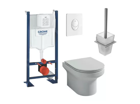 Pack WC suspendu sans bride Jacob Delafon Elite abattant extraplat + Bâti support Grohe RapidSL + plaque blanc + Porte-balai