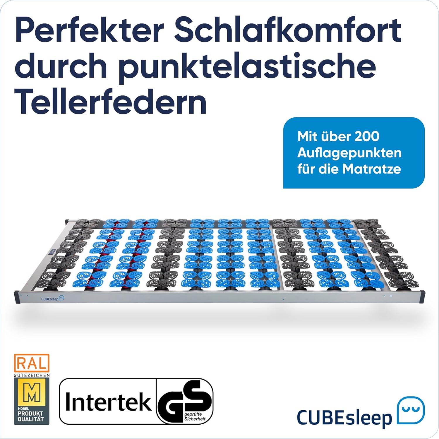 CubeSleep Cloud NV 7-Zonen Tellerfeder Lattenrost 90x220cm | starr | Made In Germany | GS Zertifiziert – geprüfte Sicherheit
