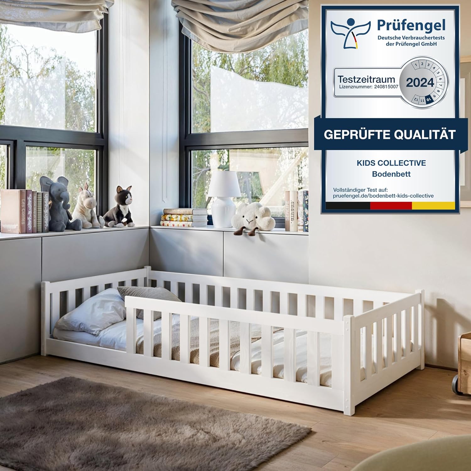 Kids Collective Kinderbett Bodenbett 80x180 cm mit Rausfallschutz & Lattenrost Montessori Bett Bed Gitterbett Kinder Jugendbett Einzelbett | weiß | von 3. bis 12. Lebensjahr