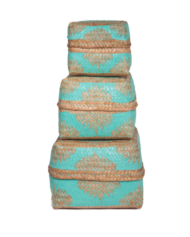 Set bamboe offer dozen / manden naturel/celeste (groen/blauw)