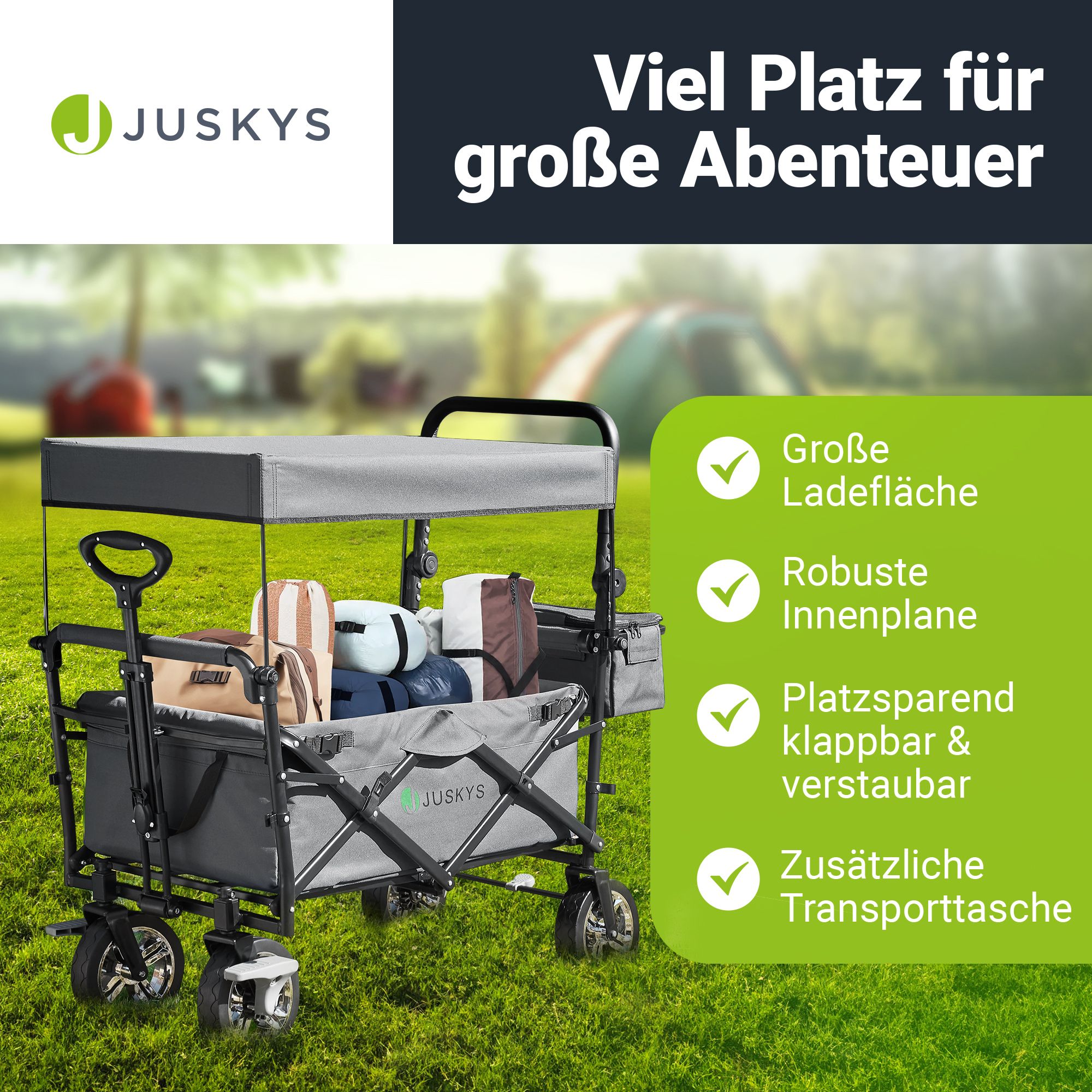 Juskys Bollerwagen mit Dach & Tasche - Wagen bis 120 kg belastbar - Handwagen faltbar - Dunkelgrau