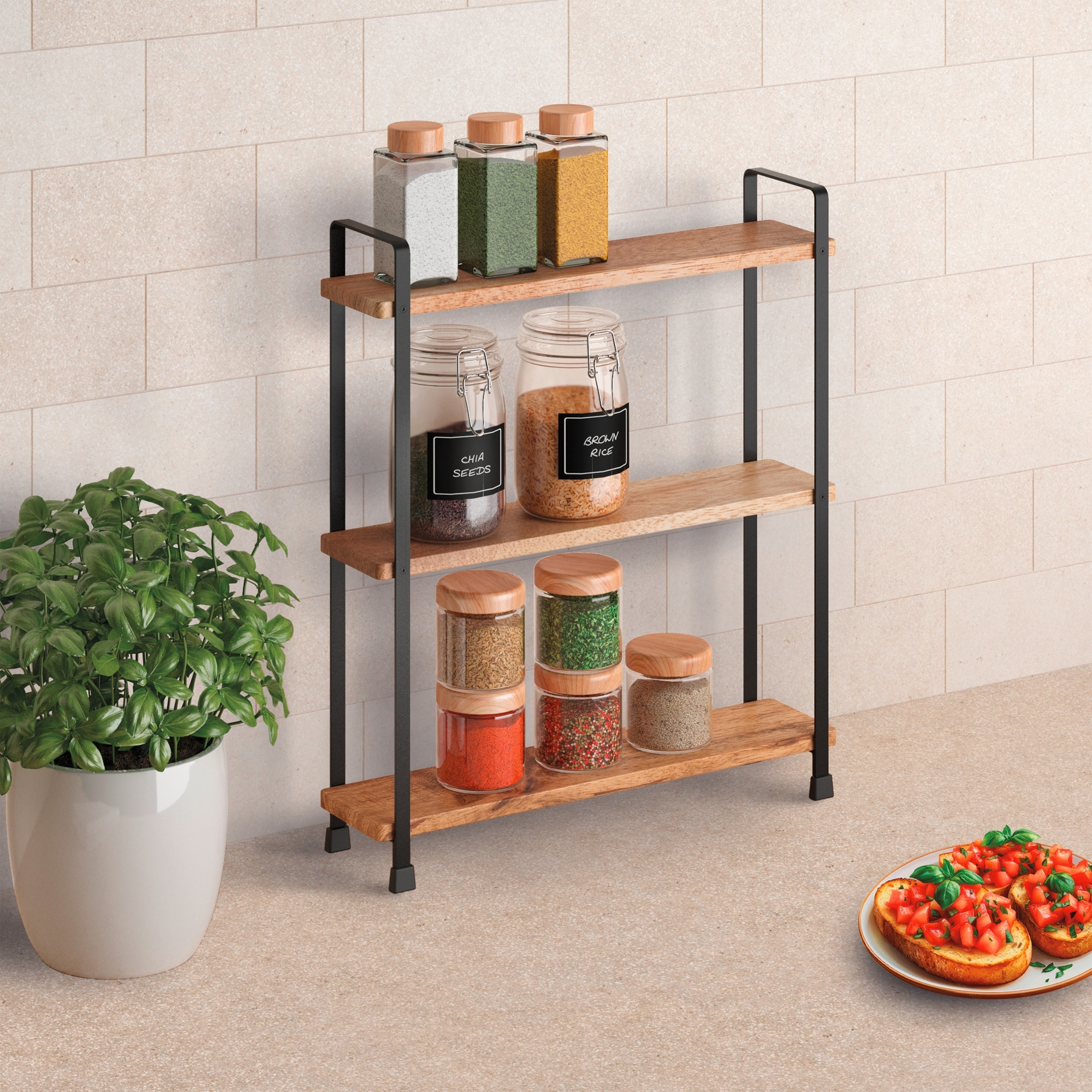 Metaltex York LAVA Gewürzregal 3-Etagen aus Akazienholz 34 x 8 x 38 cm
