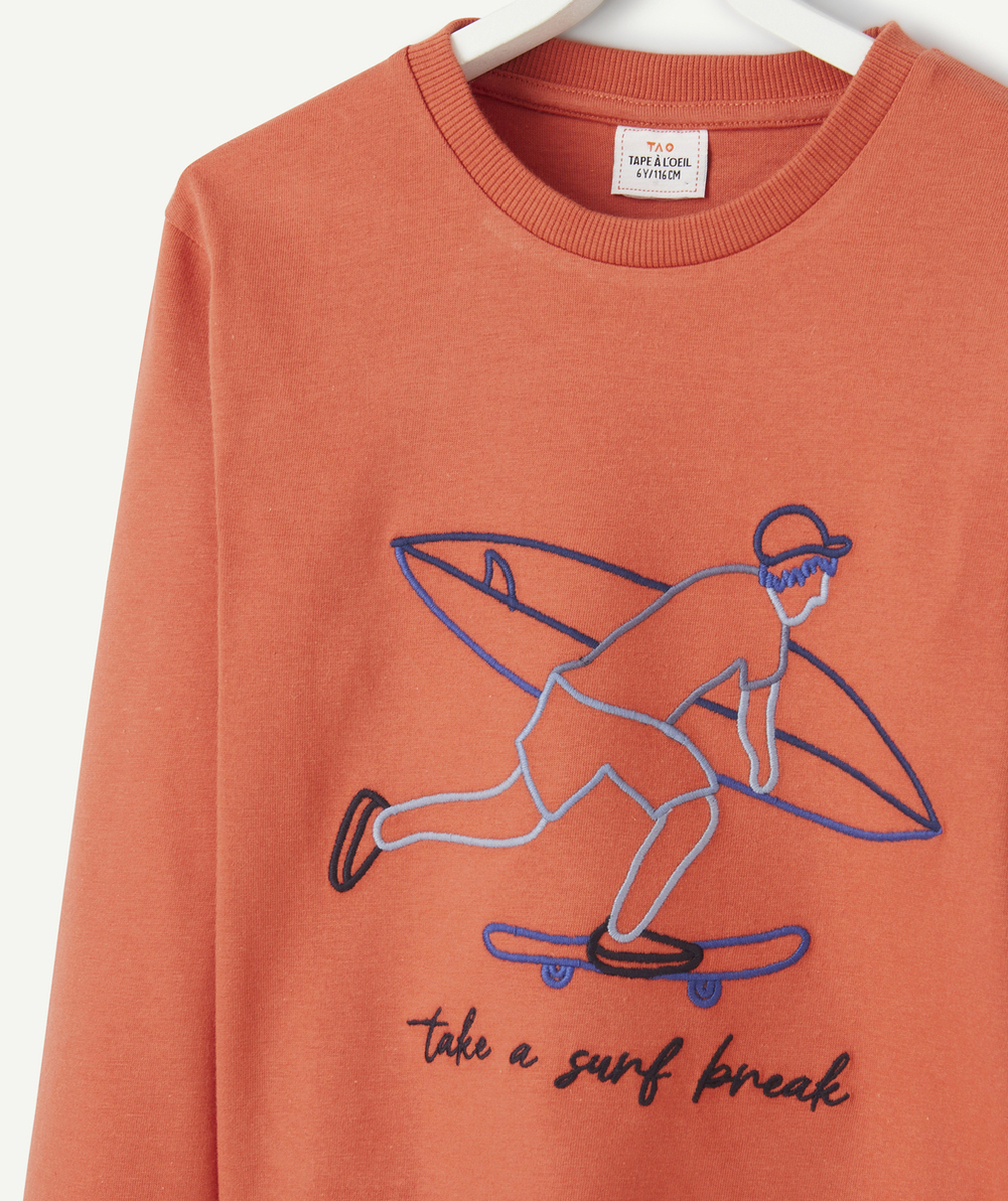 T-SHIRT GARÇON EN COTON BIO ORANGE AVEC BRODERIES THÈME SURF