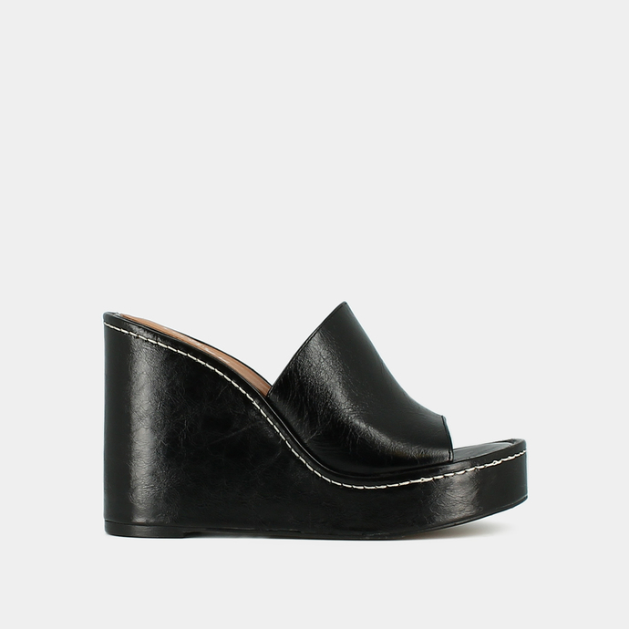 Mules compensées  en cuir vieilli noir