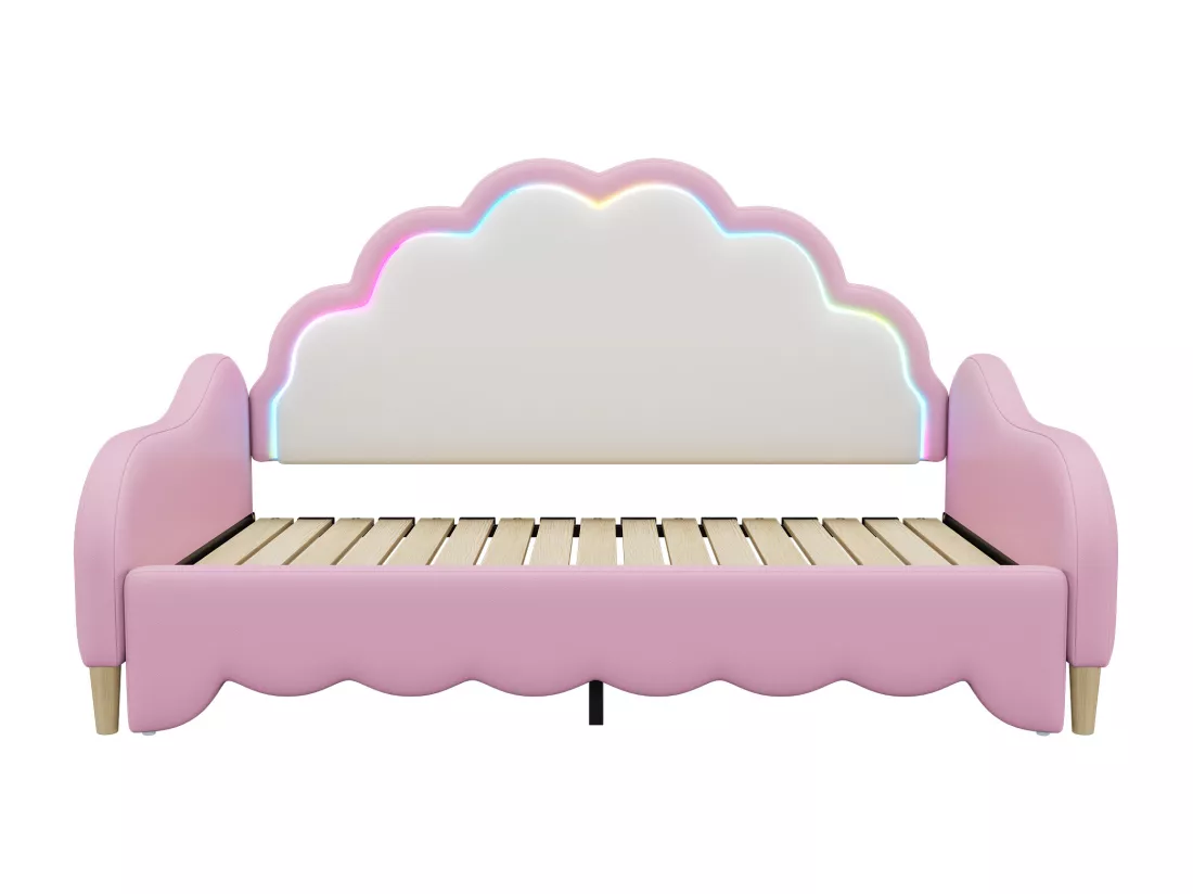 Lit gigogne 140x200cm, canapé lit transformable, tête de lit avec lumière courante, sans matelas, rose