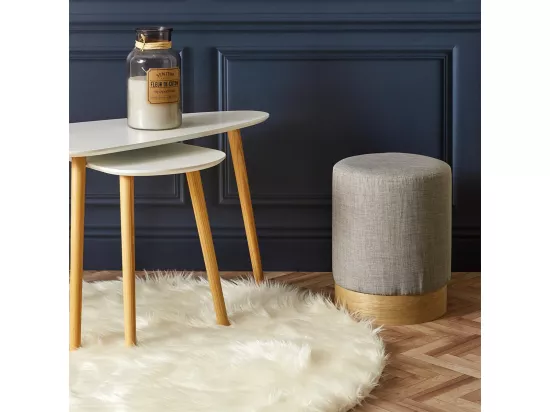 TOBIAS - Pouf Tissu Gris Clair et Base Aspect Bois