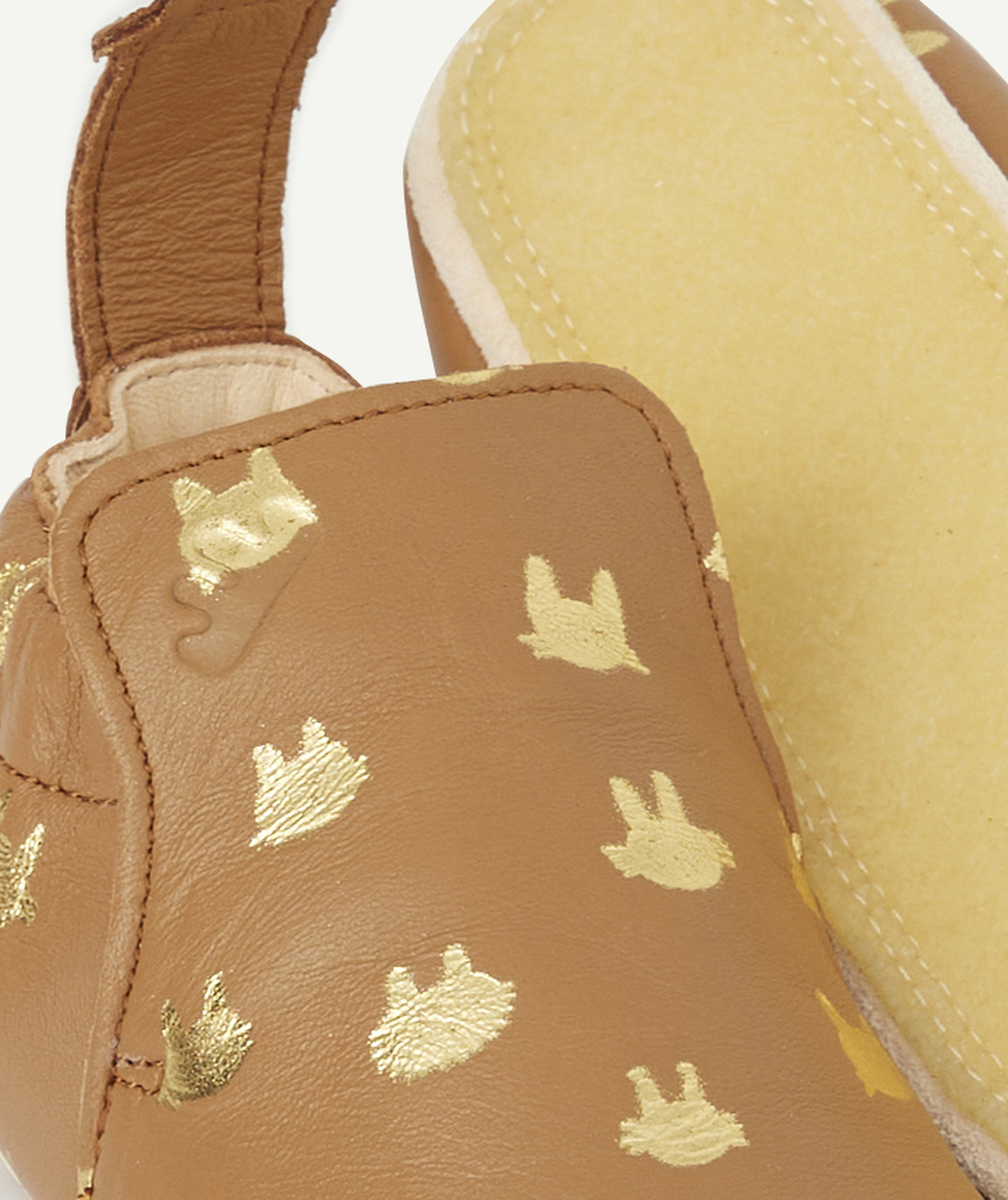EASY PEASYCHAUSSONS EN CUIR CAMEL IMPRIMÉ CHATS COULEUR DORÉE