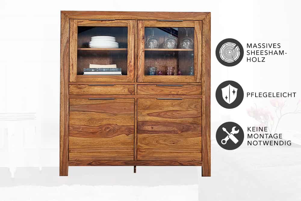 Massives Highboard PURE 140cm braun Sheesham stone finish Vitrine Palisander