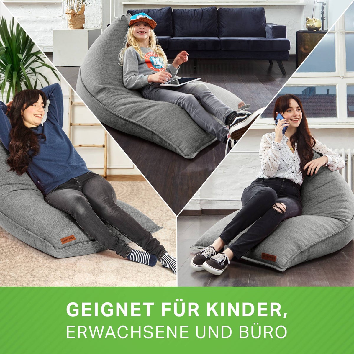 Green Bean Triangle Zitzak 150x100x100cm met 220 liter EPS-korrelvulling - Knuffelzacht en wasbaar - Binnenkussen van stof voor op de vloer, ligstoel en zitkussen - Grijs