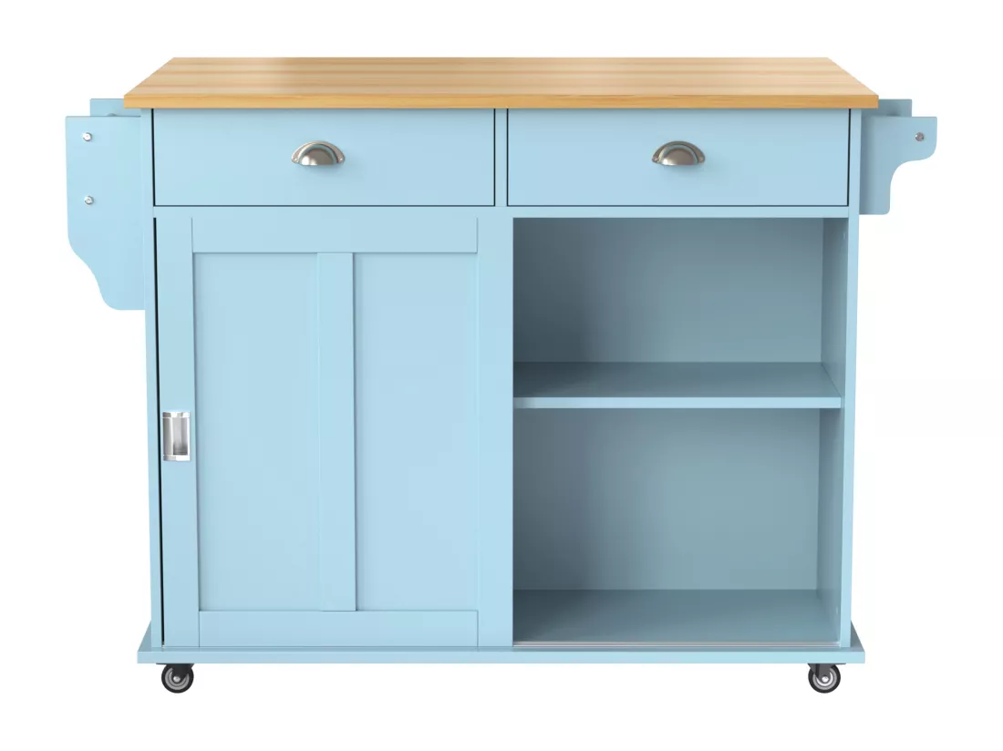 Ilot central de cuisine mobile avec 2 portes coulissantes - plateau extensible - 112x40(70)x94 cm - Bois MDF + métal - Bleu et bois