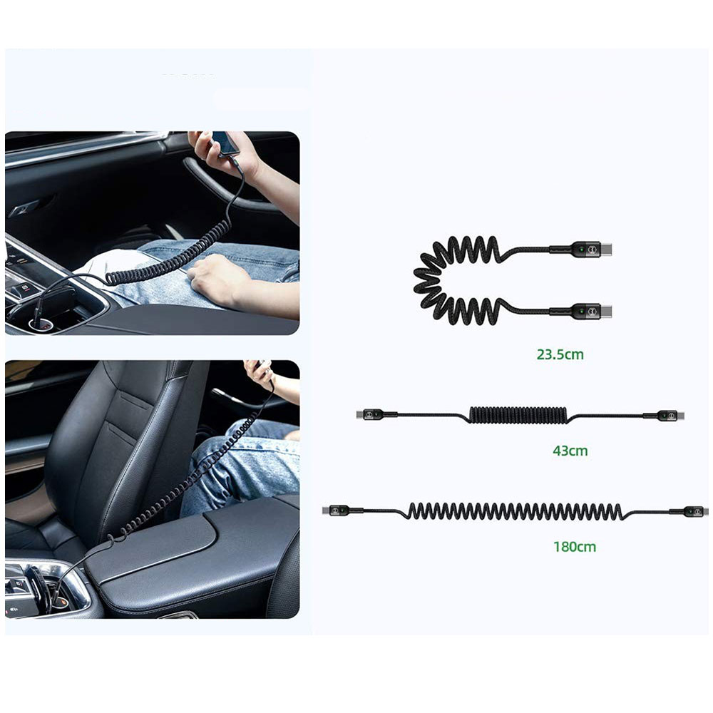 (bis 1.8m) USB C auf USB C Spiral Ladekabel Flexibles Datenkabel Nylon Geflecht Power Delivery - Schwarz