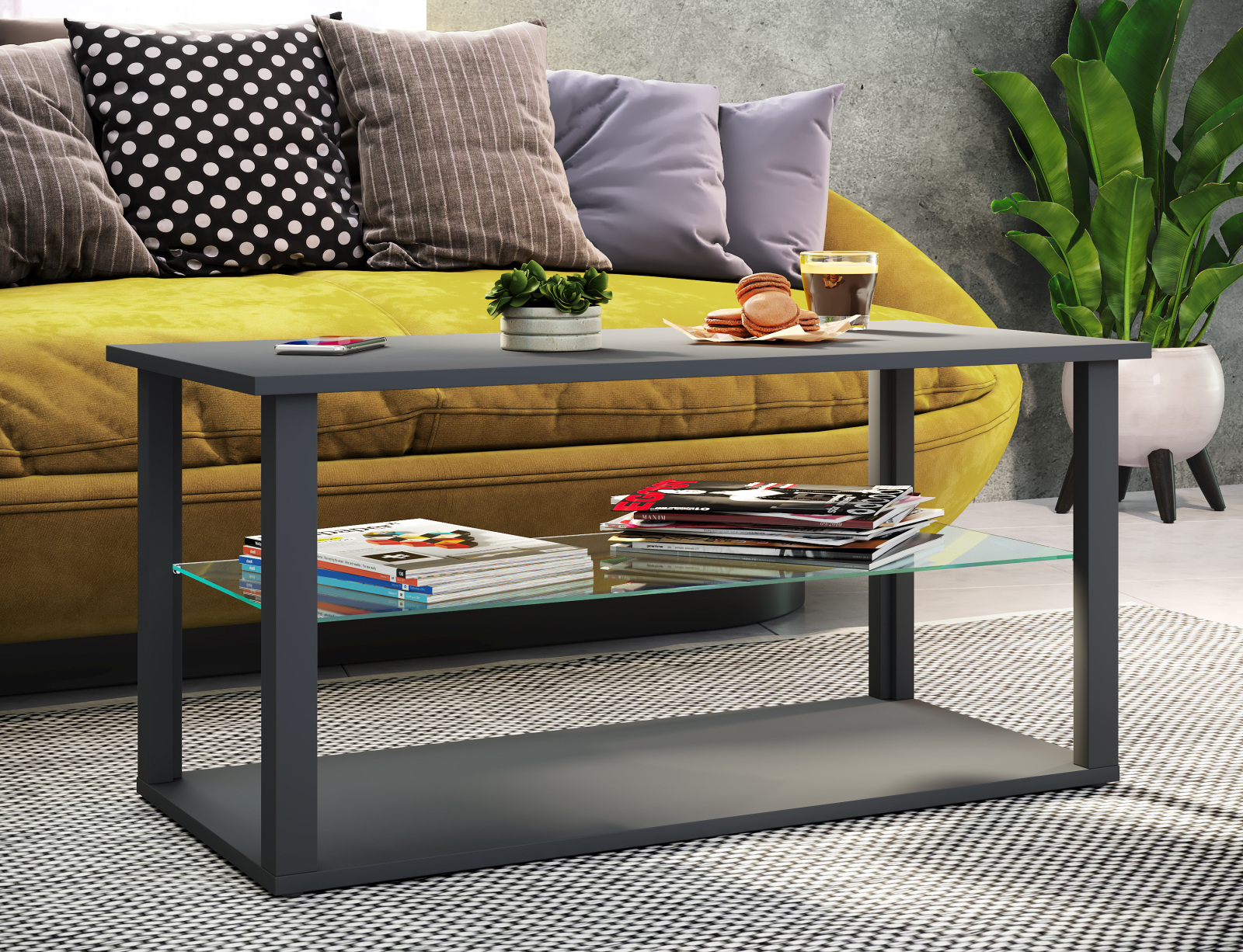 Couchtisch WANILO L - anthrazit - Glasboden - 95x45 cm