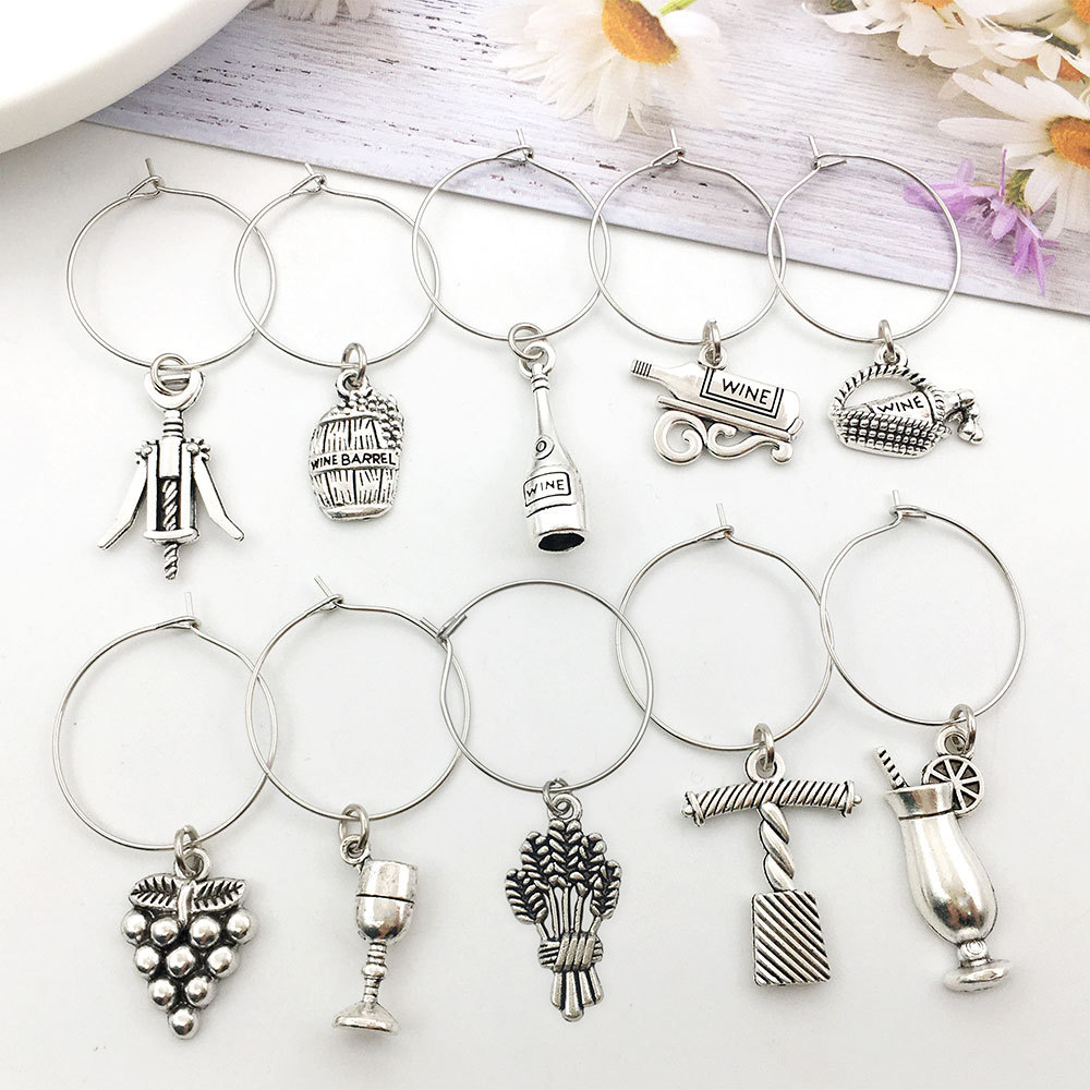 (10er Set) Glas Markierer Wiederverwendbare Trinkglas Wein Charms Markierungs Anhänger - Silber