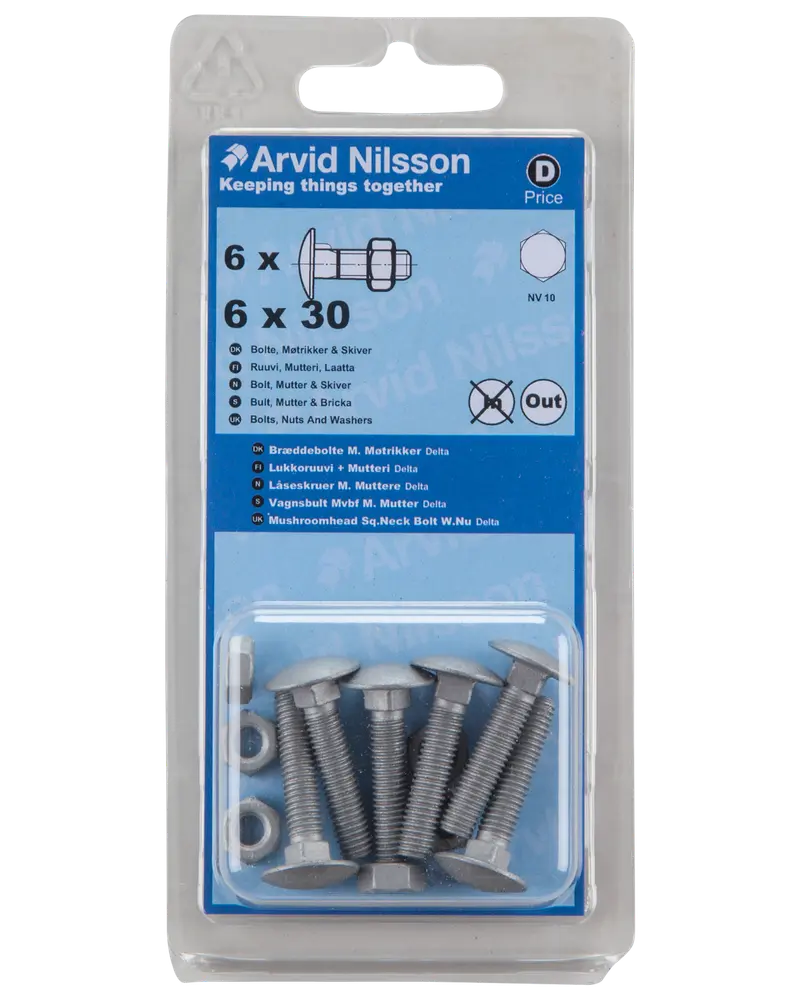 Arvid Nilsson Bræddebolt + møtrik M6 x 30 mm 6-pak
