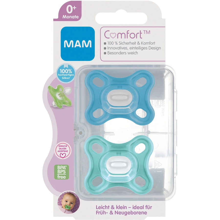 MAM Schnuller Comfort Silikon, 0+ Monate, 2 Stk, blau + türkis