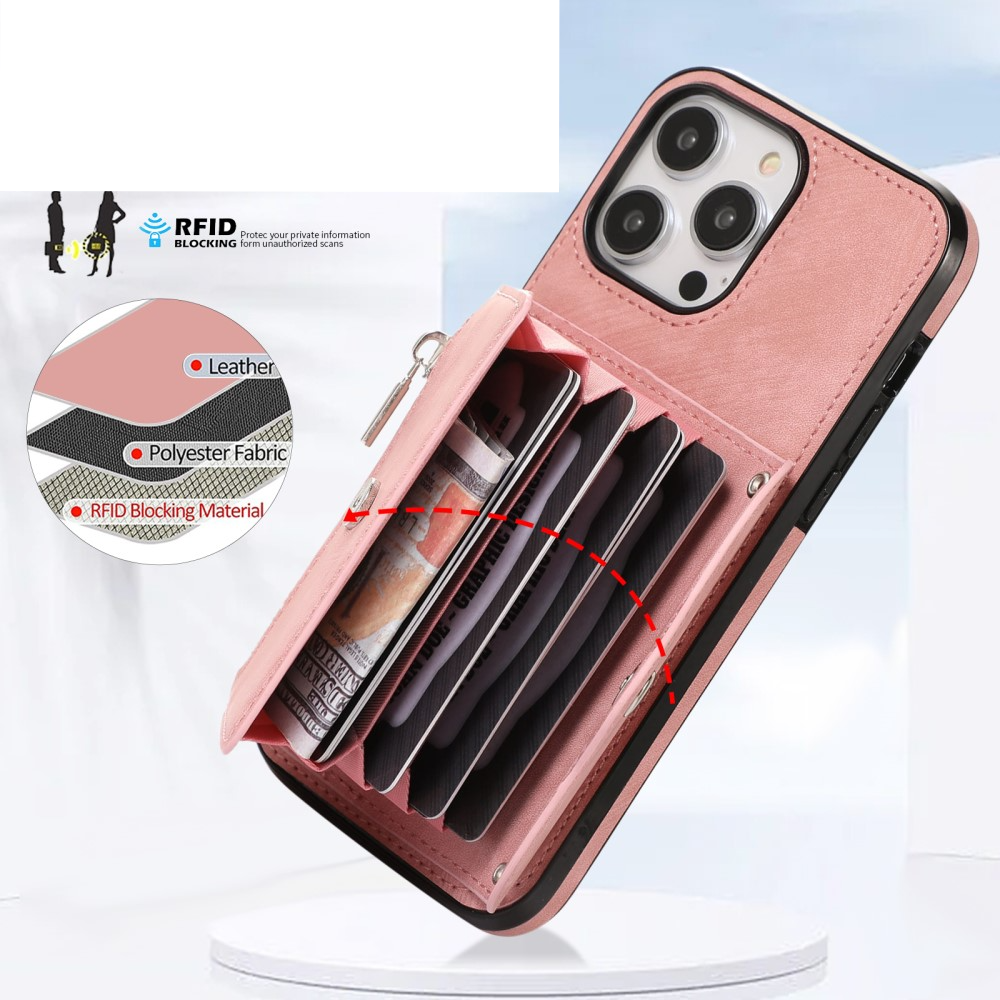 iPhone 14 Pro Necklace Leder Schutz Hülle mit Kartenfächer   Handykette (RFID Schutz) - Rosa