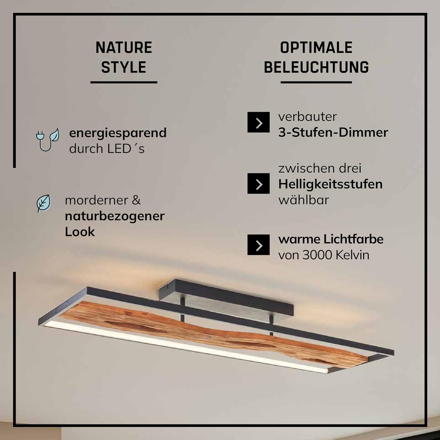 Lightbox LED Deckenlampe im Landhaus Stil | dimmbare Deckenleuchte für Wohnzimmer oder Schlafzimmer in warm-weiß mit 3000 K, 6600 Lumen | aus Aluminium/Metall/Holz in Schwarz/Braun