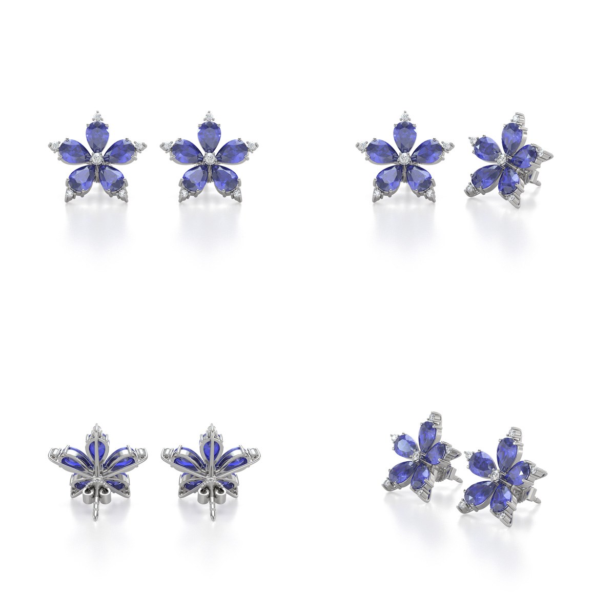 Boucles d'oreilles ADEN Fleur Tanzanite et Diamants sur Argent 925 4.52grs