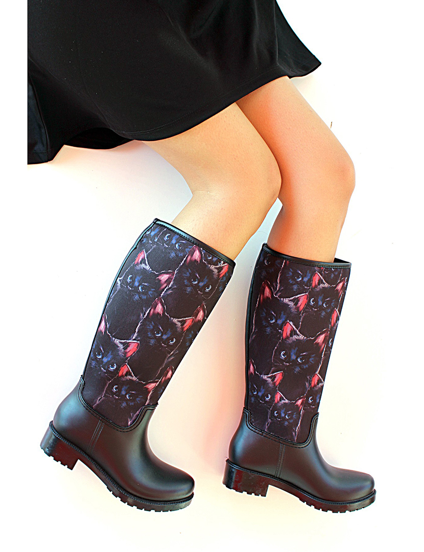 Long Black Cat Pattern Boots